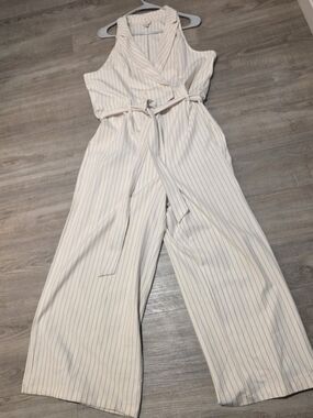 a new day Cream Sleeveless Pinstripe Wrap Jumpsuit